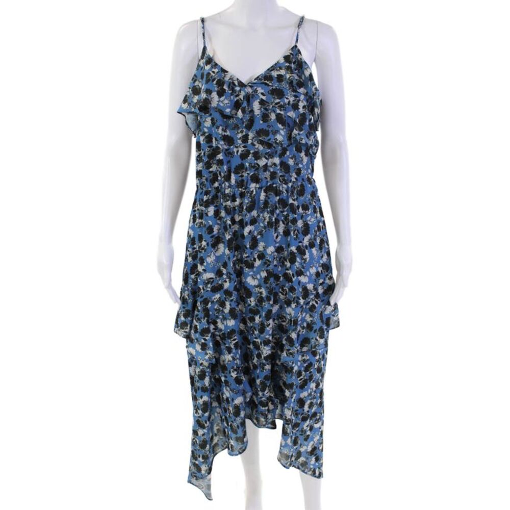 Parker Womens Floral Print Layered V-Neck Sleeveless Shift Dress Blue Size M